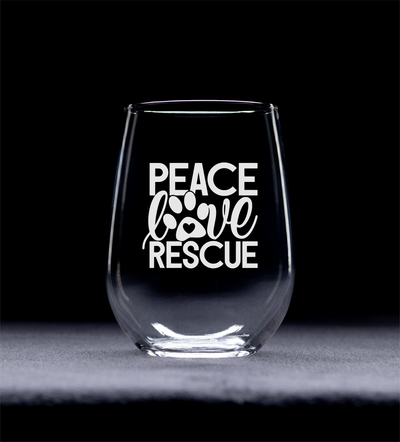 Peace Love Rescue Stemless Wine Glass - Gift for Dog and Cat Lovers 17 oz.