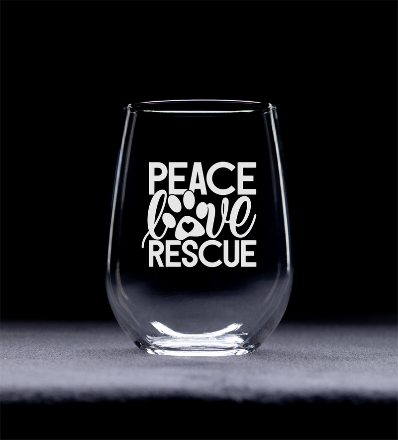 Peace Love Rescue Stemless Wine Glass - Gift for Dog and Cat Lovers 17 oz.
