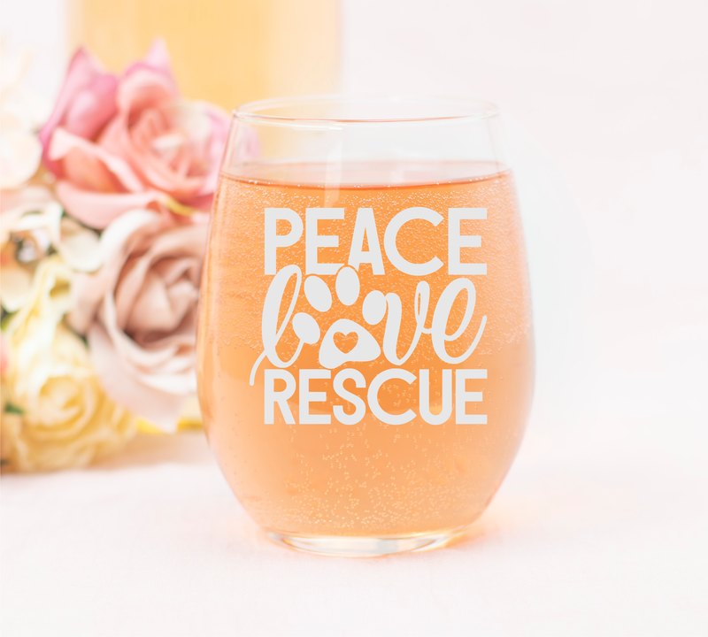 Peace Love Rescue Stemless Wine Glass - Gift for Dog and Cat Lovers 17 oz.