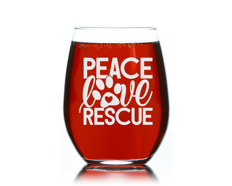 Peace Love Rescue Stemless Wine Glass - Gift for Dog and Cat Lovers 17 oz.