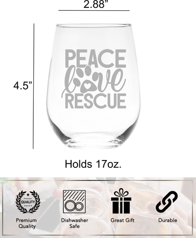 Peace Love Rescue Stemless Wine Glass - Gift for Dog and Cat Lovers 17 oz.