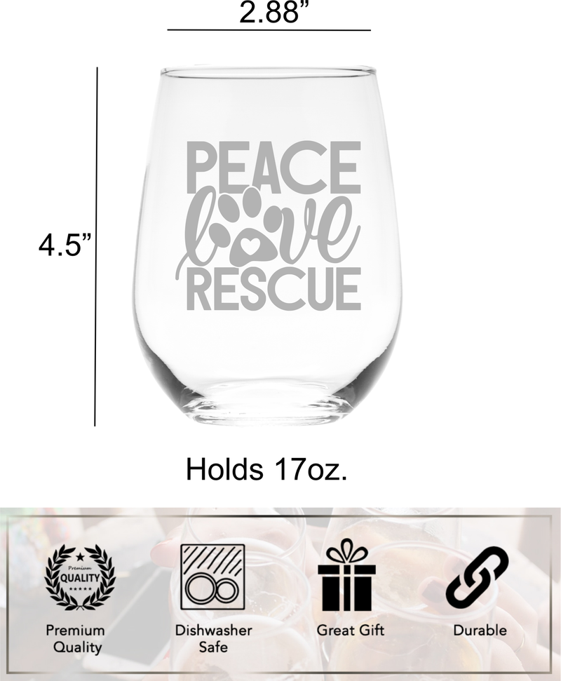 Peace Love Rescue Stemless Wine Glass - Gift for Dog and Cat Lovers 17 oz.