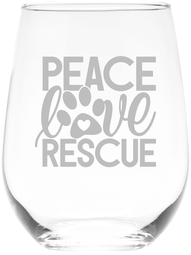 Peace Love Rescue Stemless Wine Glass - Gift for Dog and Cat Lovers 17 oz.