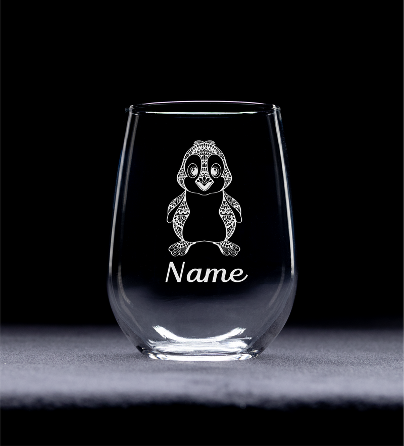 Penguin with Name 17 oz.  Custom Stemless Wine Glass - Personalized Penguin Themed Gift for Women and Men