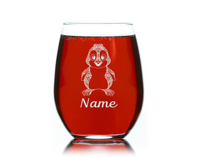 Penguin with Name 17 oz.  Custom Stemless Wine Glass - Personalized Penguin Themed Gift for Women and Men