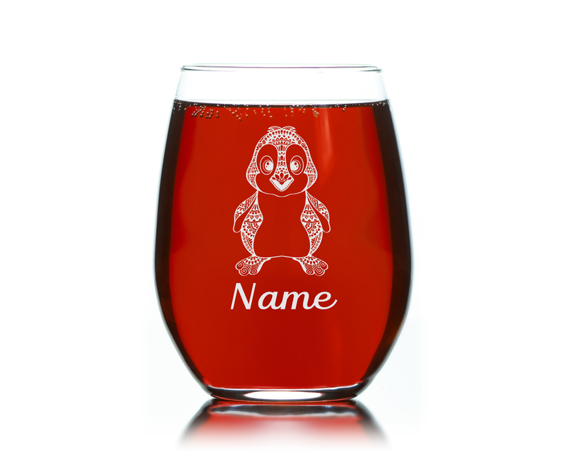 Penguin with Name 17 oz.  Custom Stemless Wine Glass - Personalized Penguin Themed Gift for Women and Men