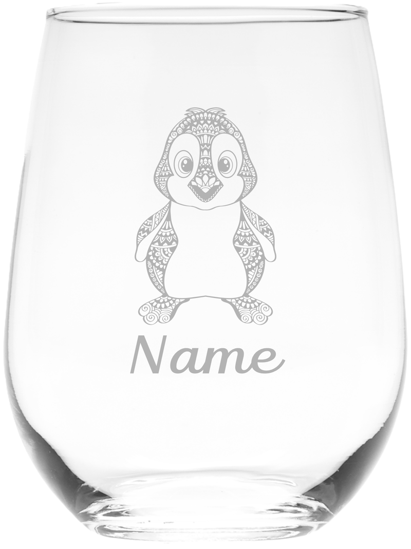 Penguin with Name 17 oz.  Custom Stemless Wine Glass - Personalized Penguin Themed Gift for Women and Men