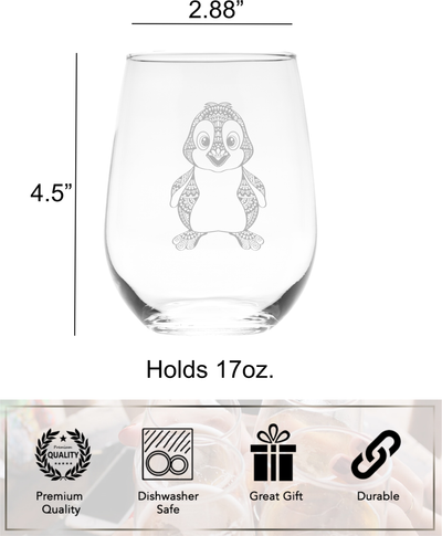 Penguin Themed Stemless Wine Glass - Penguin Lover Gift for Women and Men - 17 oz. (Style P1)