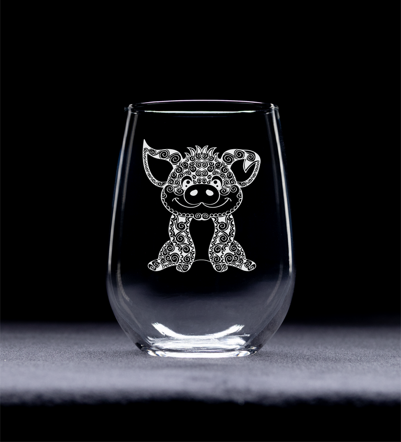 Pig Stemless Wine Glass - Pig Themed Gift for Women and Men  17 oz. (Style P1)