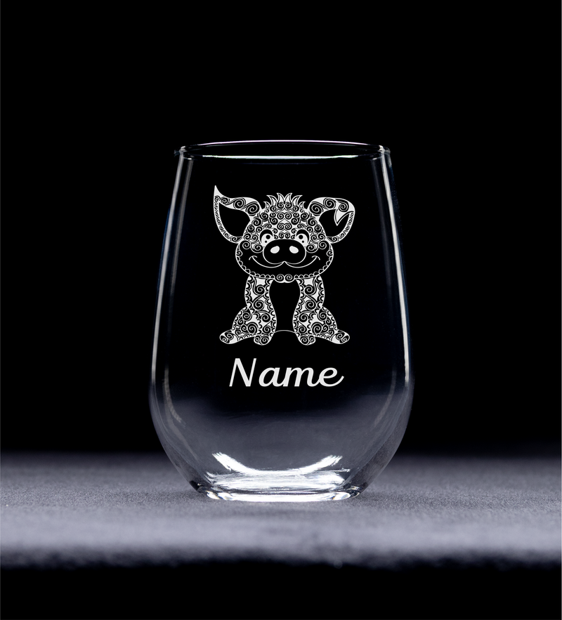 Pig with Name 17 oz.  Custom Stemless Wine Glass - Personalized Pig Themed Gift for Women and Men
