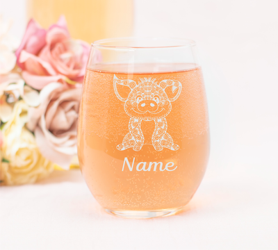 Pig with Name 17 oz.  Custom Stemless Wine Glass - Personalized Pig Themed Gift for Women and Men