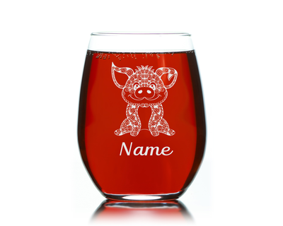 Pig with Name 17 oz.  Custom Stemless Wine Glass - Personalized Pig Themed Gift for Women and Men