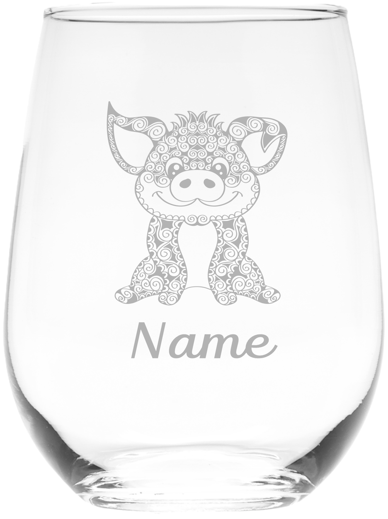 Pig with Name 17 oz.  Custom Stemless Wine Glass - Personalized Pig Themed Gift for Women and Men