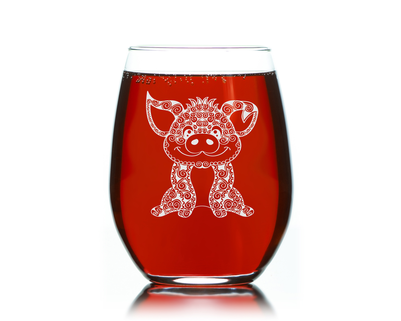 Pig Stemless Wine Glass - Pig Themed Gift for Women and Men  17 oz. (Style P1)