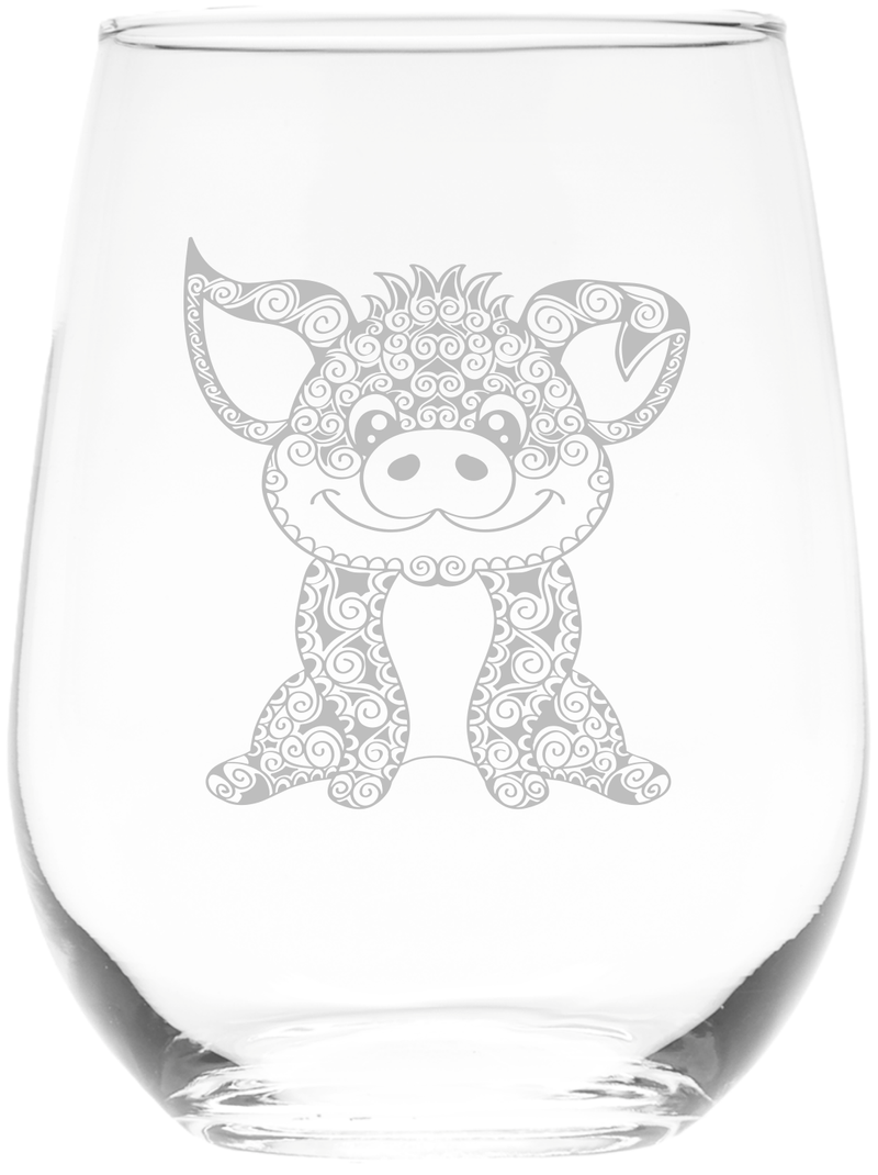 Pig Stemless Wine Glass - Pig Themed Gift for Women and Men  17 oz. (Style P1)