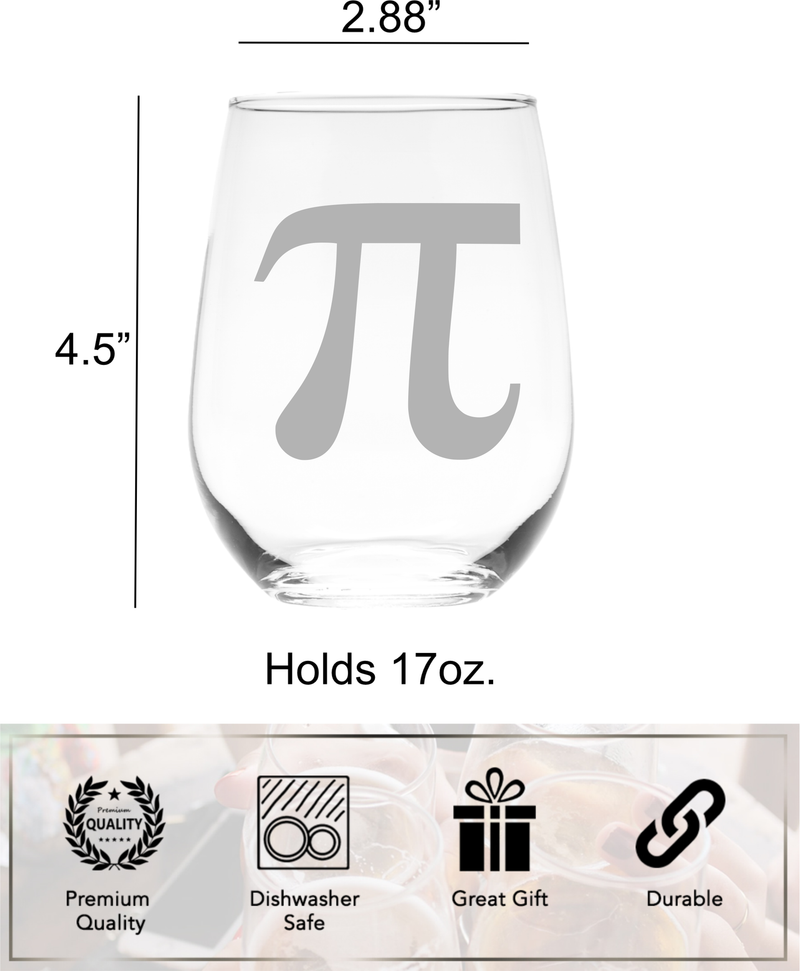 Pi Symbol Stemless Wine Glass, 17 oz.  - Math Themed Gift for Men and Women (Style P1)