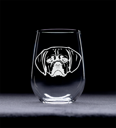 Puggle Themed, Dog Stemless Wine Glass  - Dog Lover Gift for Men and Women - 17 oz.