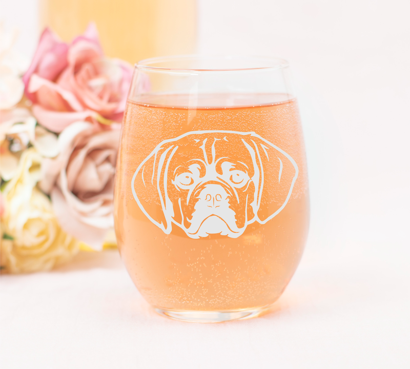 Puggle Themed, Dog Stemless Wine Glass  - Dog Lover Gift for Men and Women - 17 oz.