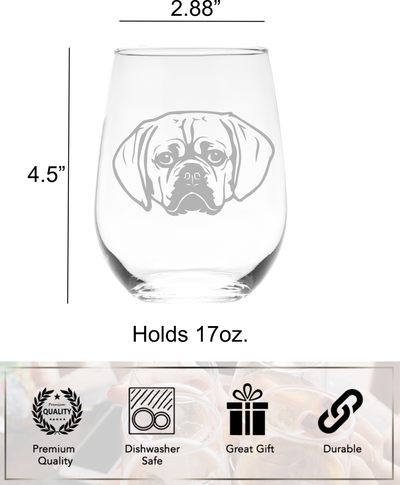 Puggle Themed, Dog Stemless Wine Glass  - Dog Lover Gift for Men and Women - 17 oz.