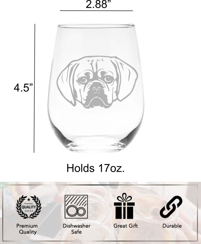 Puggle Themed, Dog Stemless Wine Glass  - Dog Lover Gift for Men and Women - 17 oz.