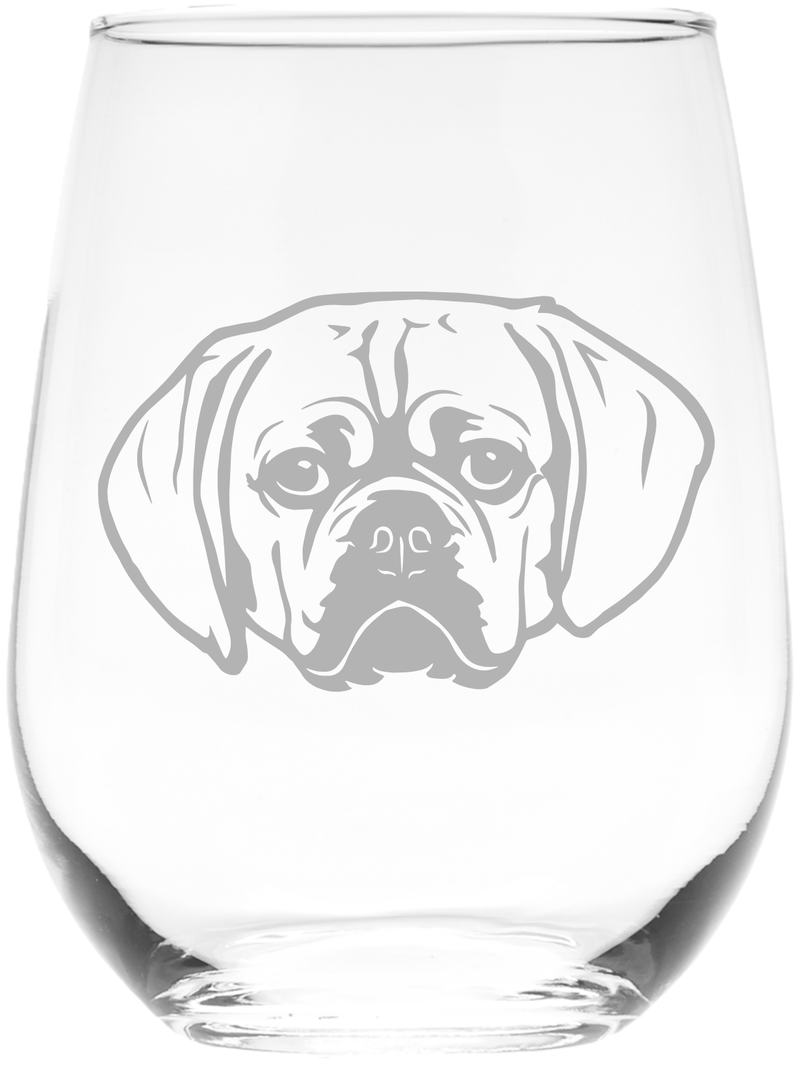 Puggle Themed, Dog Stemless Wine Glass  - Dog Lover Gift for Men and Women - 17 oz.