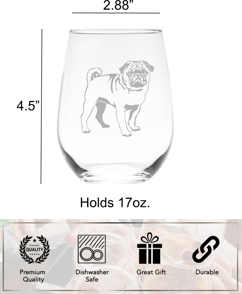 Pug Themed, Dog Stemless Wine Glass - Dog Lover Gift for Men and Women - 17 oz (Style P1)