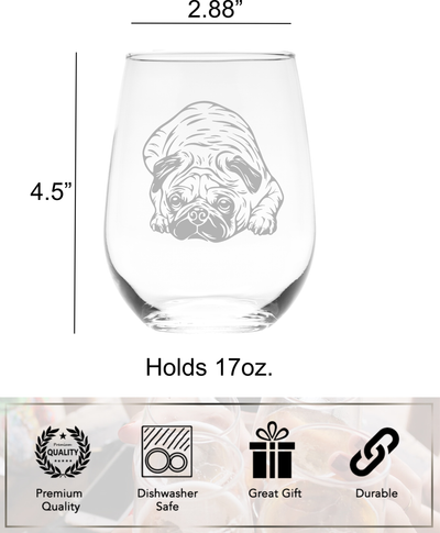 Pug Themed, Dog Stemless Wine Glass - Dog Lover Gift for Women and Men  17 oz. (Style P2)