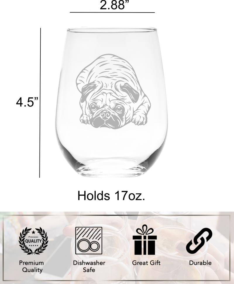 Pug Themed, Dog Stemless Wine Glass - Dog Lover Gift for Women and Men  17 oz. (Style P2)