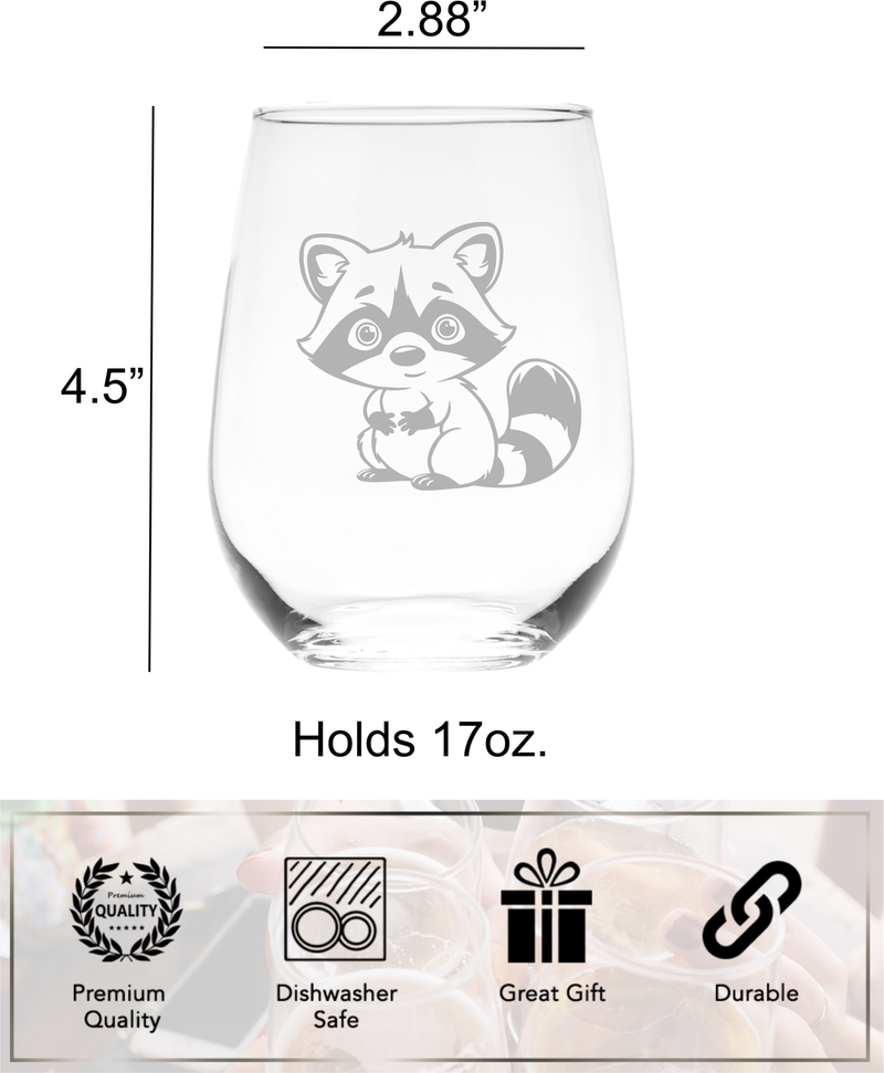 Racoon Stemless Wine Glass - Racoon Themed Gift for Women and Men - 17 oz. (Style R4)