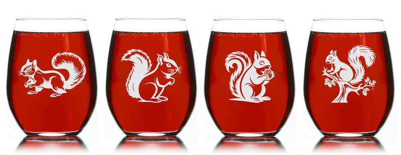 Realistic Squirrel Stemless Wine Glass Set - Squirrel Themed Gift for Women and Men - 4 Pieces