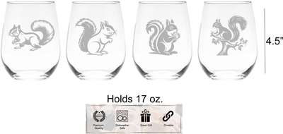 Realistic Squirrel Stemless Wine Glass Set - Squirrel Themed Gift for Women and Men - 4 Pieces