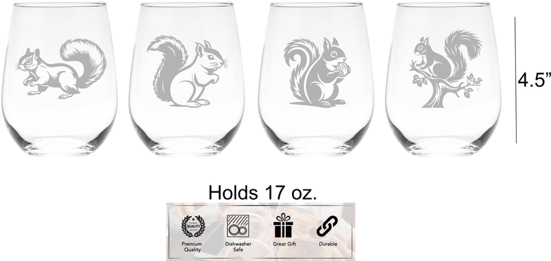 Realistic Squirrel Stemless Wine Glass Set - Squirrel Themed Gift for Women and Men - 4 Pieces
