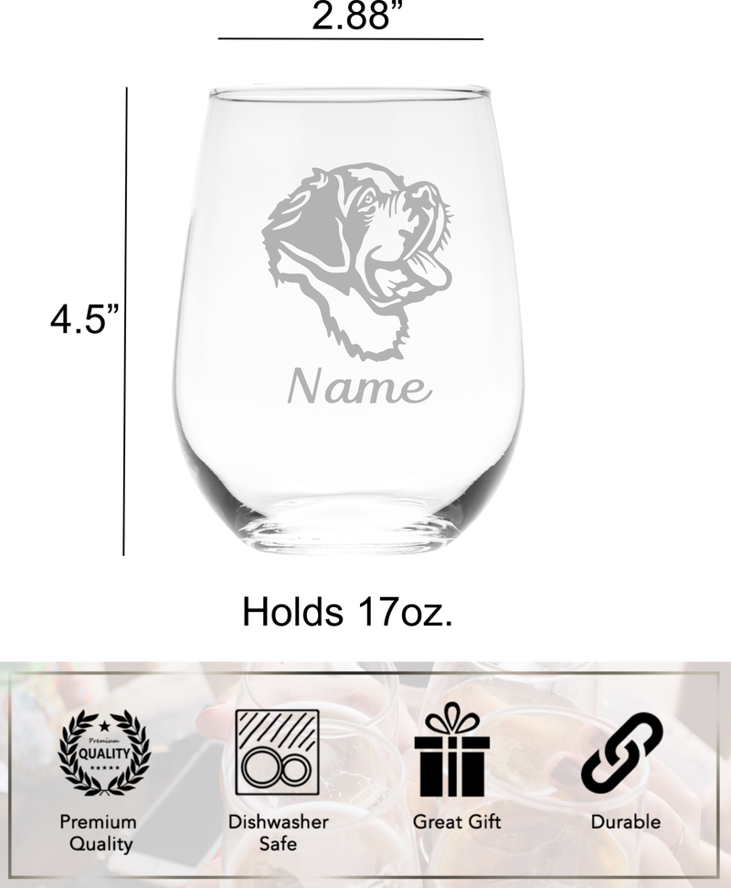 Saint Bernard Dog with Name 17 oz.  Custom Stemless Wine Glass - Personalized Saint Bernard Dog Themed Gift for Women and Men