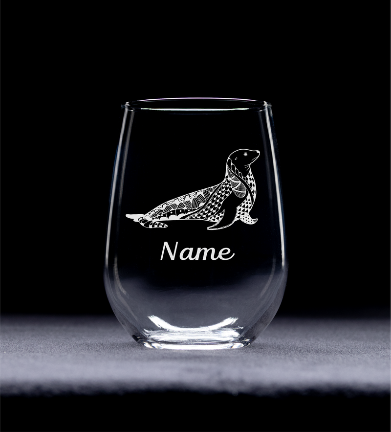 Seal with Name 17 oz.  Custom Stemless Wine Glass - Personalized Seal Themed Gift for Women and Men