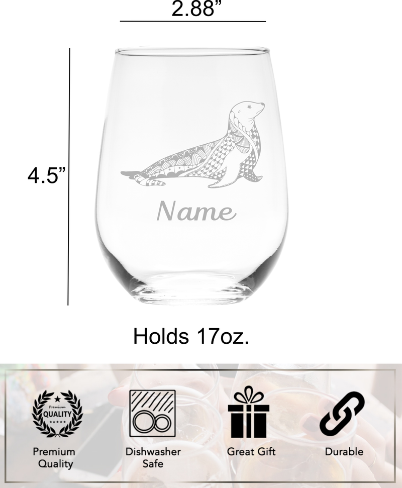 Seal with Name 17 oz.  Custom Stemless Wine Glass - Personalized Seal Themed Gift for Women and Men