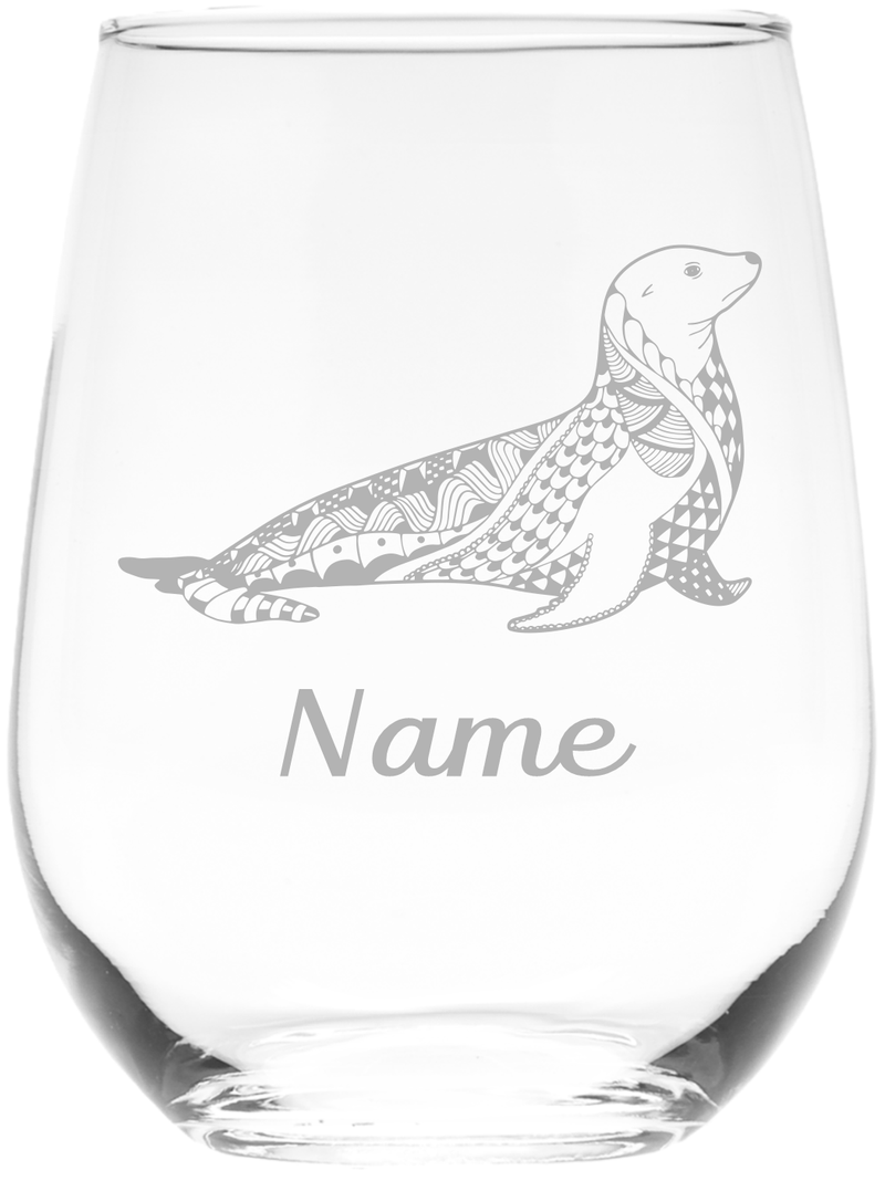Seal with Name 17 oz.  Custom Stemless Wine Glass - Personalized Seal Themed Gift for Women and Men