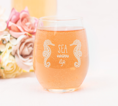 Sea Life with Sea Horses Themed Stemless Wine Glass, 17 oz.