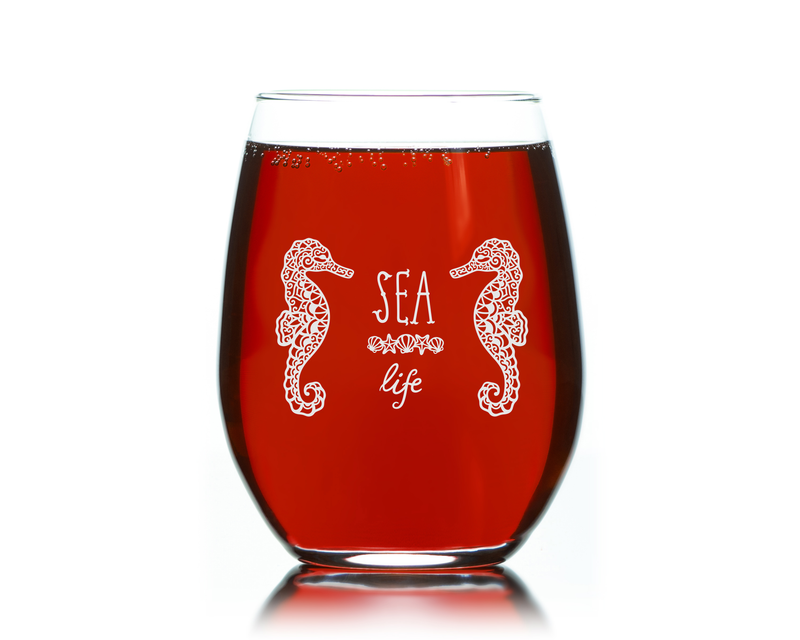 Sea Life with Sea Horses Themed Stemless Wine Glass, 17 oz.