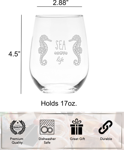 Sea Life with Sea Horses Themed Stemless Wine Glass, 17 oz.