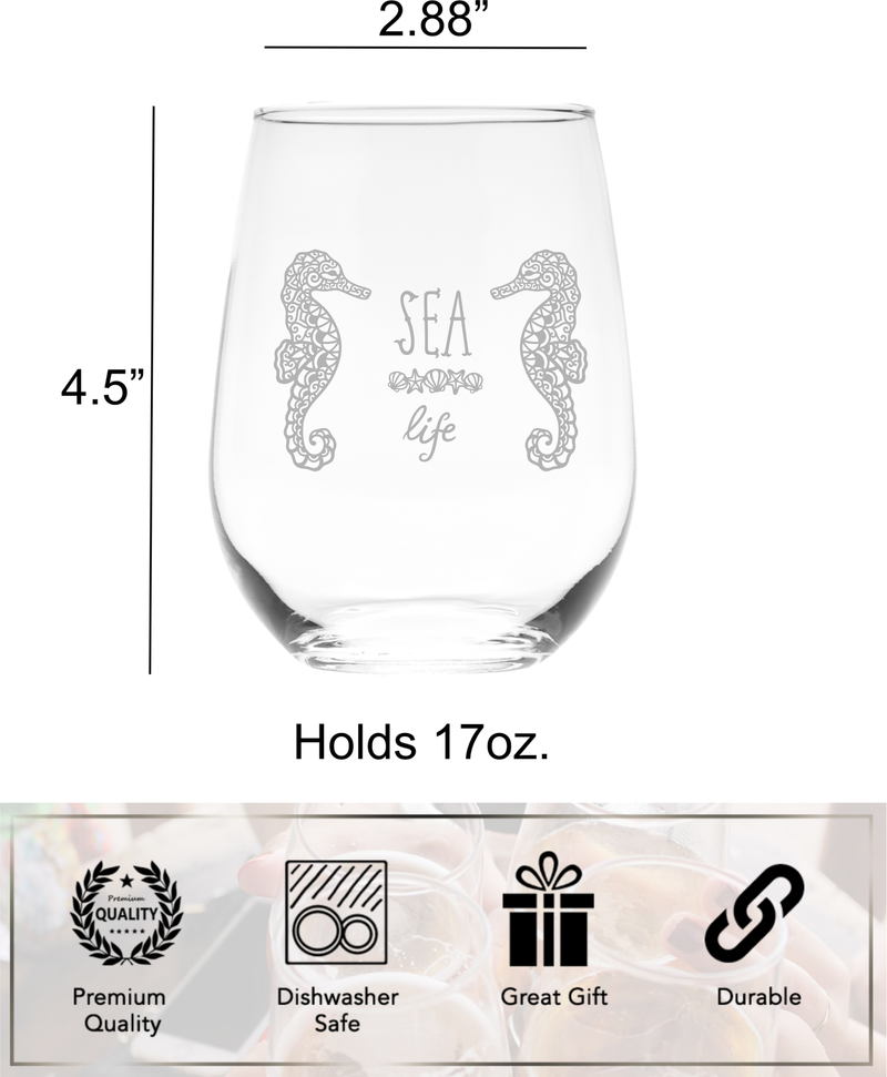Sea Life with Sea Horses Themed Stemless Wine Glass, 17 oz.