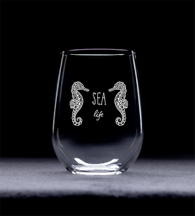 Sea Life with Sea Horses Themed Stemless Wine Glass, 17 oz.
