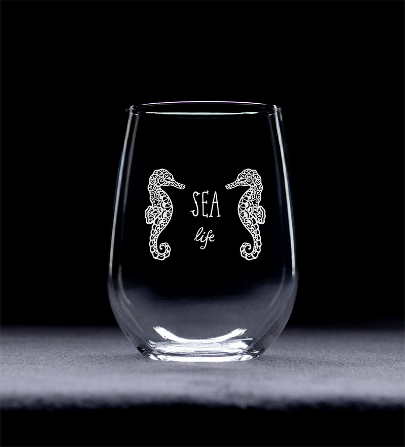Sea Life with Sea Horses Themed Stemless Wine Glass, 17 oz.