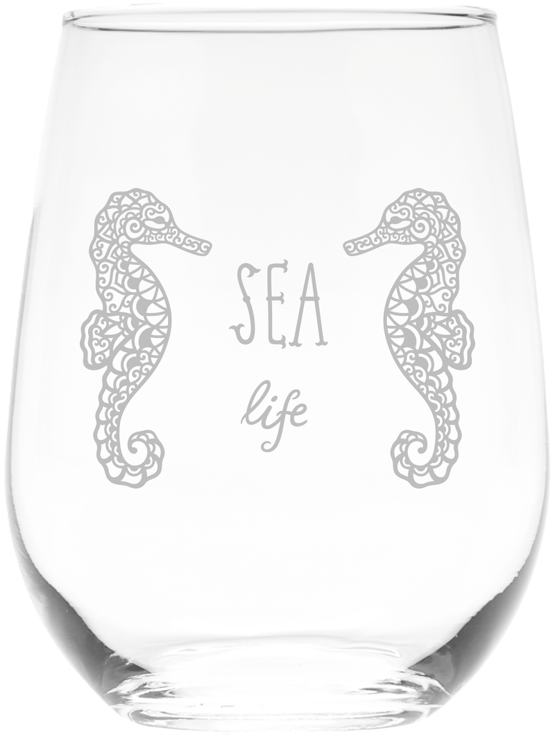 Sea Life with Sea Horses Themed Stemless Wine Glass, 17 oz.