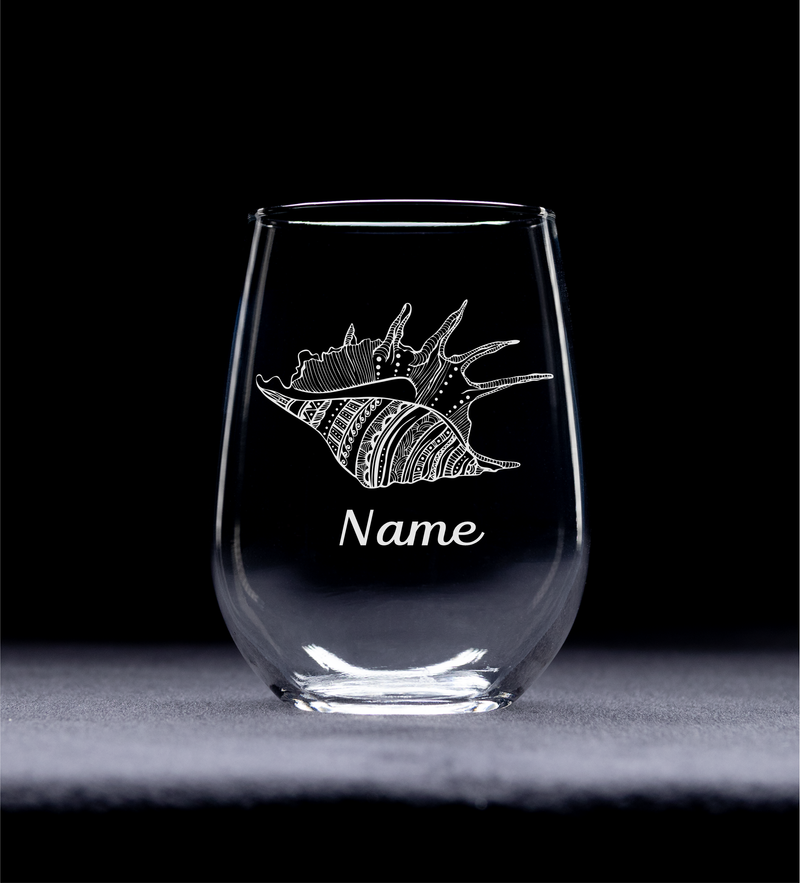 Seashell with Name 17 oz.  Custom Stemless Wine Glass - Personalized Seashell Themed Gift for Women and Men