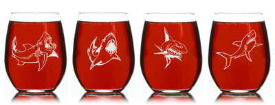 Shark Stemless Wine Glass Set – Shark Themed Gift for Women and Men – 4 Pieces