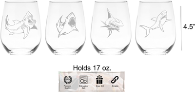 Shark Stemless Wine Glass Set – Shark Themed Gift for Women and Men – 4 Pieces