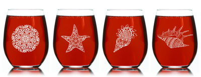 Seashell Stemless Wine Glass Set –Seashell Themed Gift for Women and Men - 4 Pieces