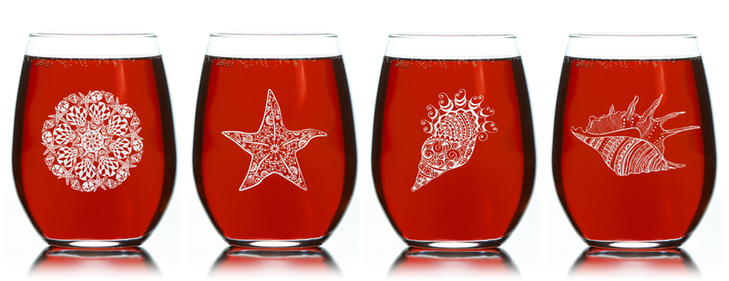 Seashell Stemless Wine Glass Set –Seashell Themed Gift for Women and Men - 4 Pieces