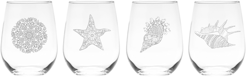 Seashell Stemless Wine Glass Set –Seashell Themed Gift for Women and Men - 4 Pieces