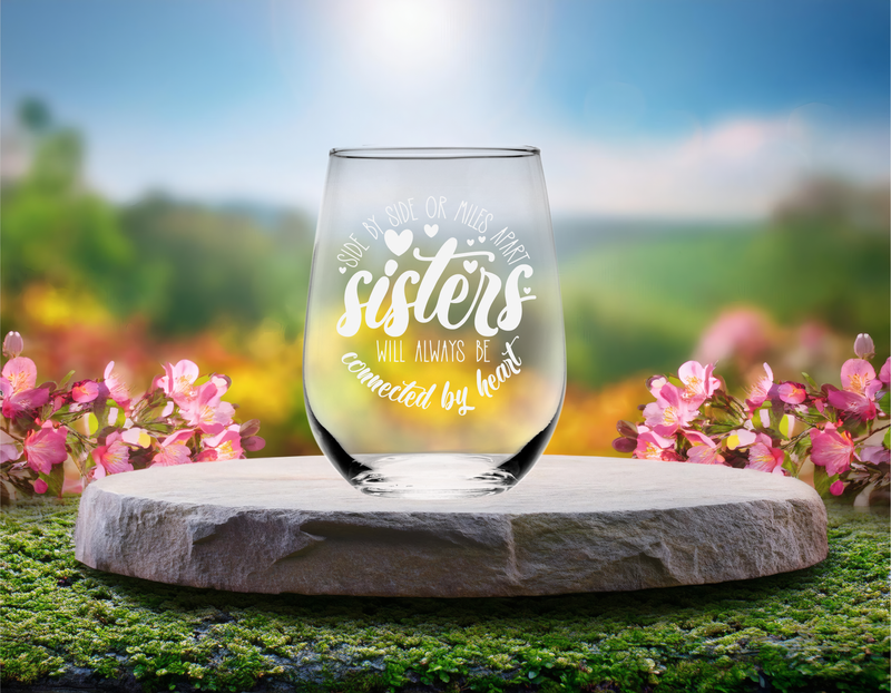 Side By Side Or Miles Apart Sisters Will Always Be Connected by Heart Stemless Wine Glass - Sister Themed Gift - 17 oz.